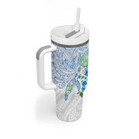 Hawaiian Couple Turtles Honi Tumbler With Handle Polynesian Art Motifs and Hibiscus White Blue Color - Polynesian Pride