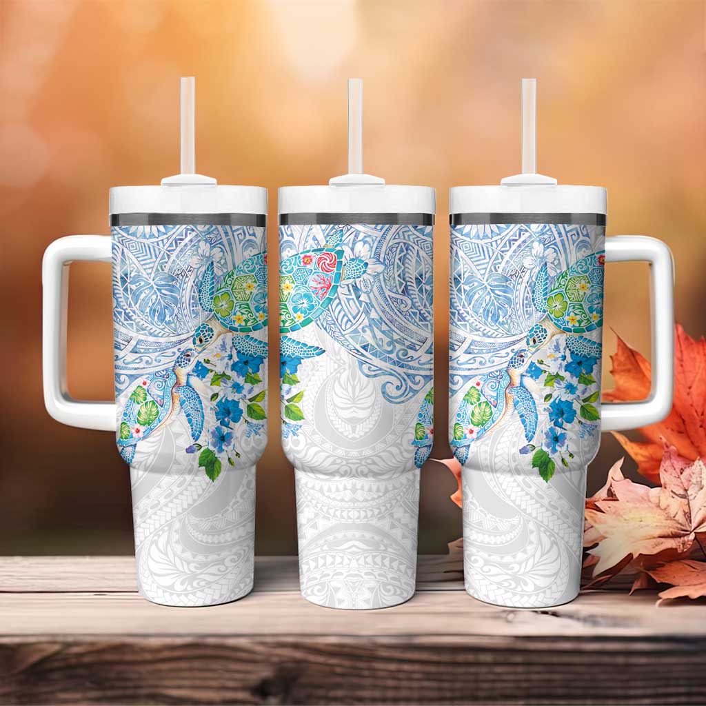Hawaiian Couple Turtles Honi Tumbler With Handle Polynesian Art Motifs and Hibiscus White Blue Color - Polynesian Pride