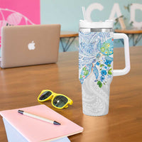 Hawaiian Couple Turtles Honi Tumbler With Handle Polynesian Art Motifs and Hibiscus White Blue Color - Polynesian Pride