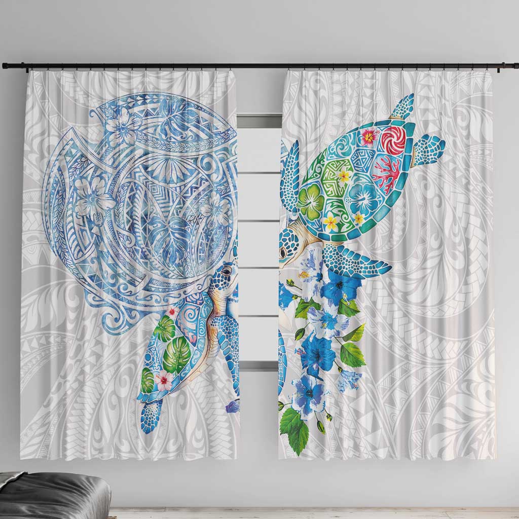 Hawaiian Couple Turtles Honi Window Curtain Polynesian Art Motifs and Hibiscus White Blue Color - Polynesian Pride