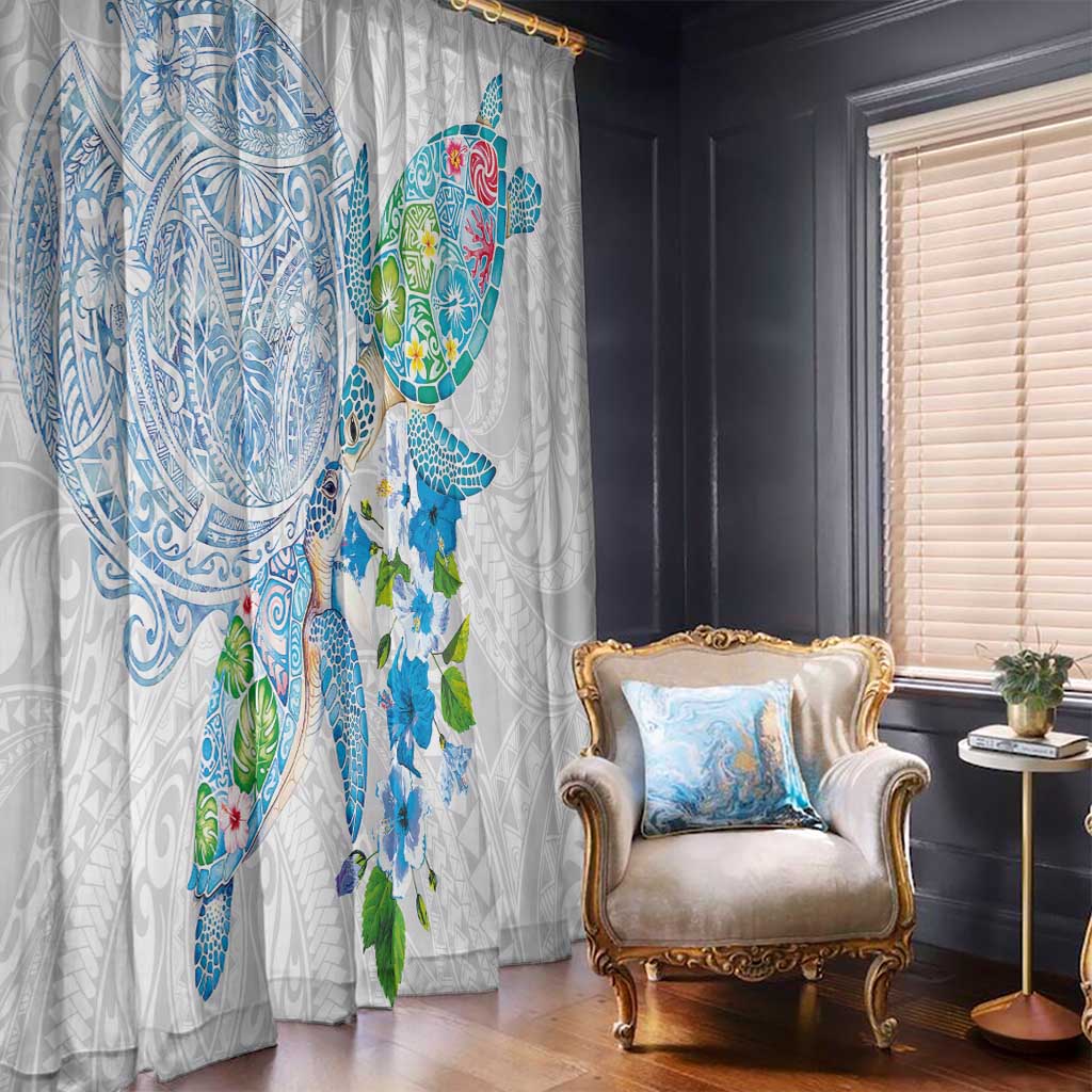 Hawaiian Couple Turtles Honi Window Curtain Polynesian Art Motifs and Hibiscus White Blue Color - Polynesian Pride
