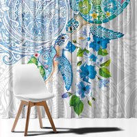 Hawaiian Couple Turtles Honi Window Curtain Polynesian Art Motifs and Hibiscus White Blue Color - Polynesian Pride