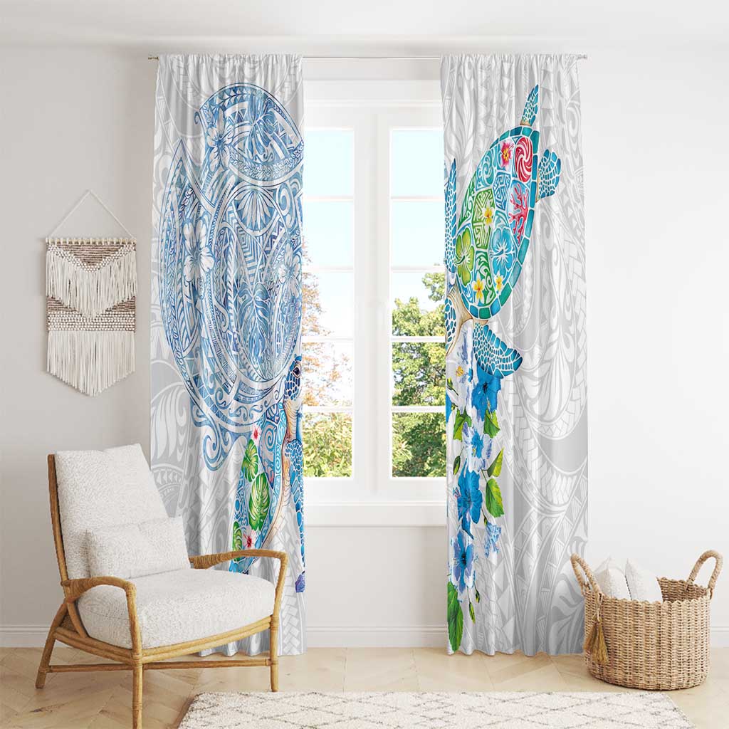 Hawaiian Couple Turtles Honi Window Curtain Polynesian Art Motifs and Hibiscus White Blue Color - Polynesian Pride