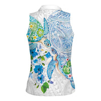 Hawaiian Couple Turtles Honi Women Sleeveless Polo Shirt Polynesian Art Motifs and Hibiscus White Blue Color - Polynesian Pride