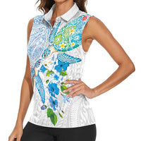Hawaiian Couple Turtles Honi Women Sleeveless Polo Shirt Polynesian Art Motifs and Hibiscus White Blue Color - Polynesian Pride