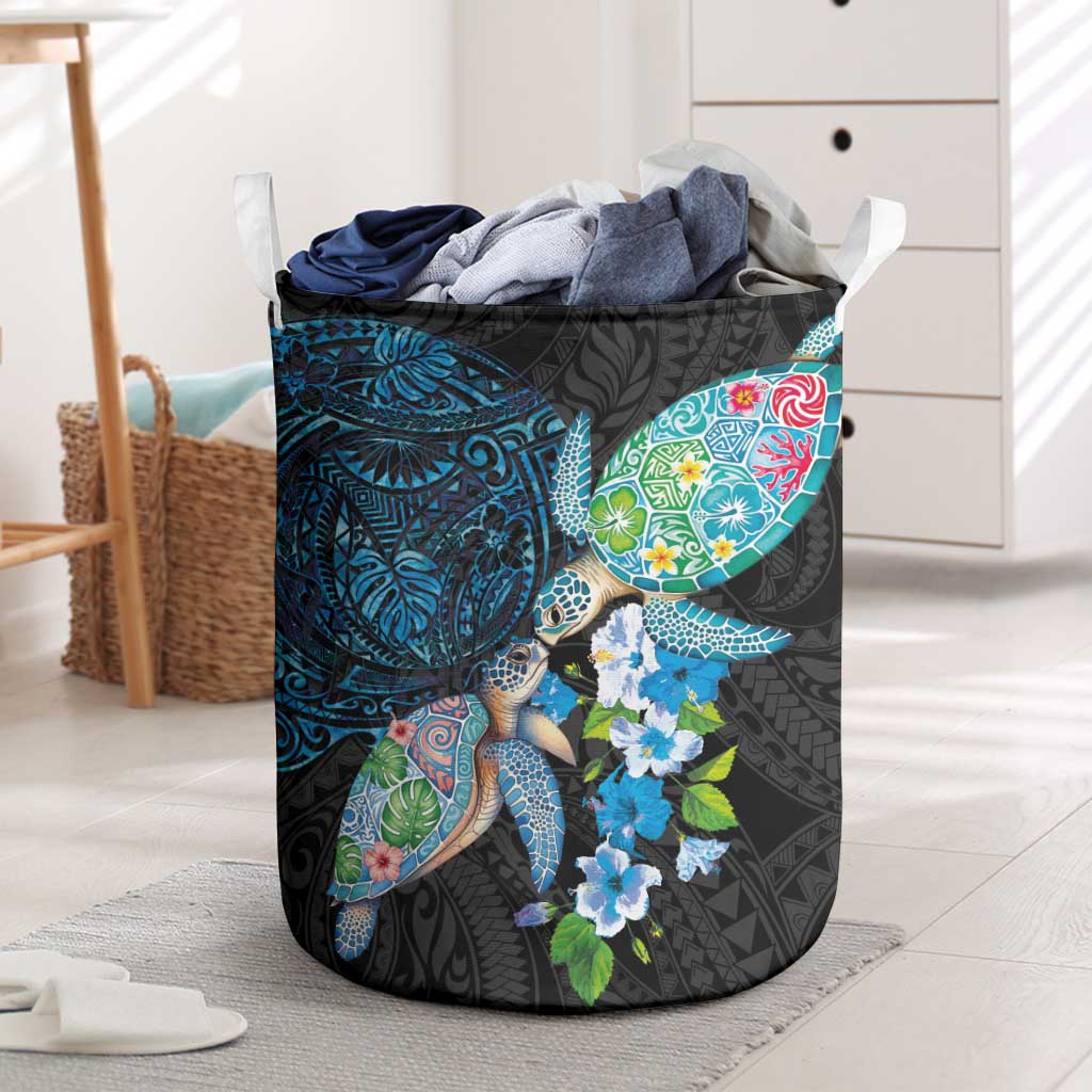 Hawaiian Couple Turtles Honi Laundry Basket Polynesian Art Motifs and Hibiscus Black Blue Color - Polynesian Pride