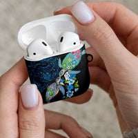 Hawaiian Couple Turtles Honi AirPods Case Polynesian Art Motifs and Hibiscus Black Blue Color - Polynesian Pride