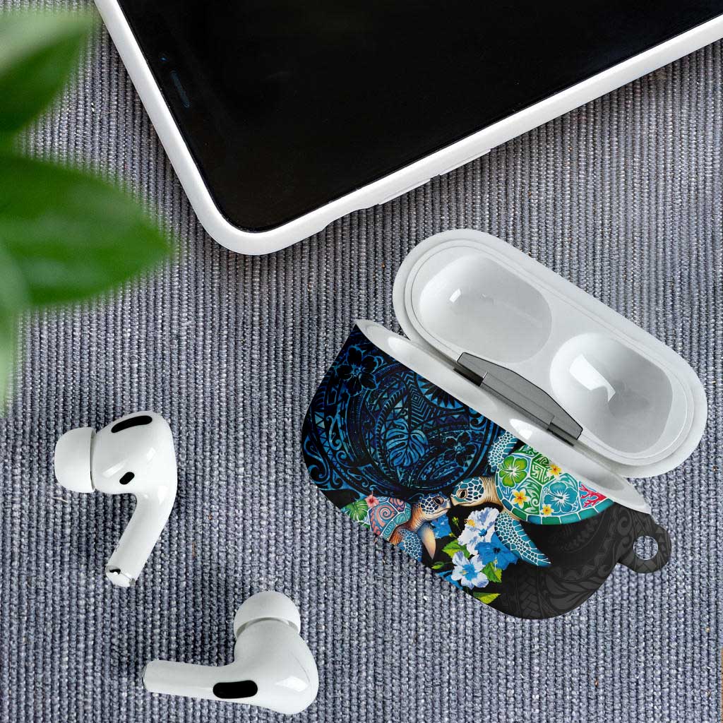 Hawaiian Couple Turtles Honi AirPods Case Polynesian Art Motifs and Hibiscus Black Blue Color - Polynesian Pride