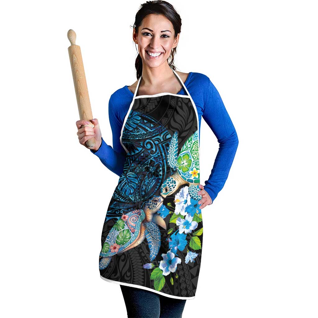 Hawaiian Couple Turtles Honi Apron Polynesian Art Motifs and Hibiscus Black Blue Color - Polynesian Pride