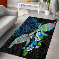 Hawaiian Couple Turtles Honi Area Rug Polynesian Art Motifs and Hibiscus Black Blue Color - Polynesian Pride