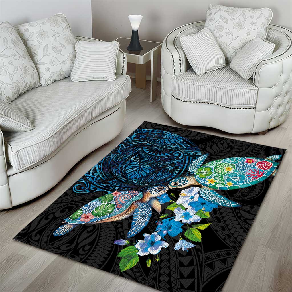 Hawaiian Couple Turtles Honi Area Rug Polynesian Art Motifs and Hibiscus Black Blue Color - Polynesian Pride