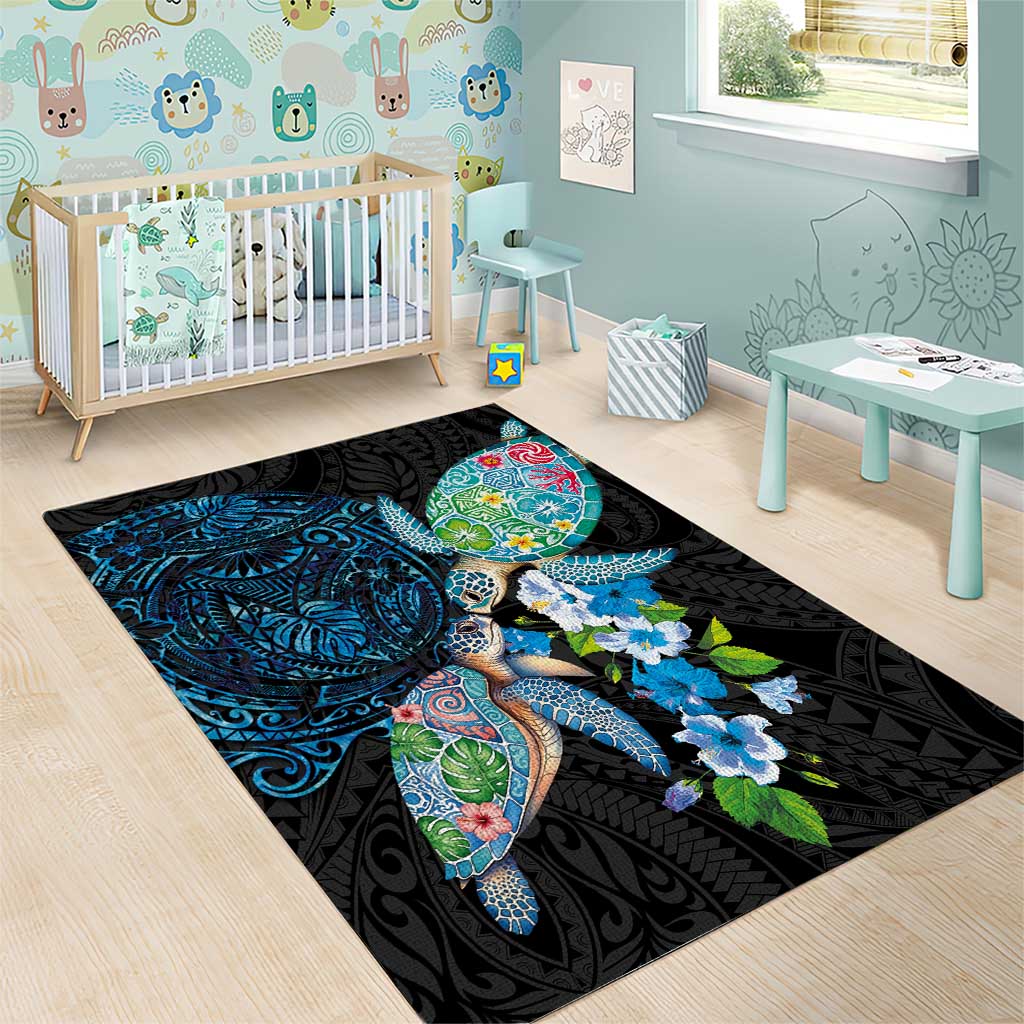 Hawaiian Couple Turtles Honi Area Rug Polynesian Art Motifs and Hibiscus Black Blue Color - Polynesian Pride