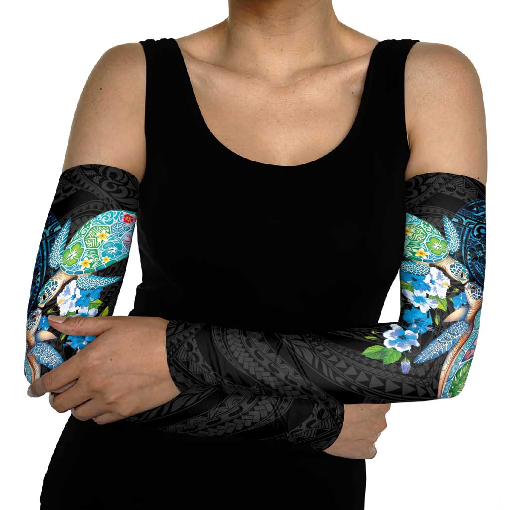 Hawaiian Couple Turtles Honi Arm Sleeves Polynesian Art Motifs and Hibiscus Black Blue Color - Polynesian Pride