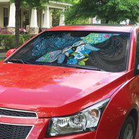 Hawaiian Couple Turtles Honi Auto Sun Shade Polynesian Art Motifs and Hibiscus Black Blue Color - Polynesian Pride