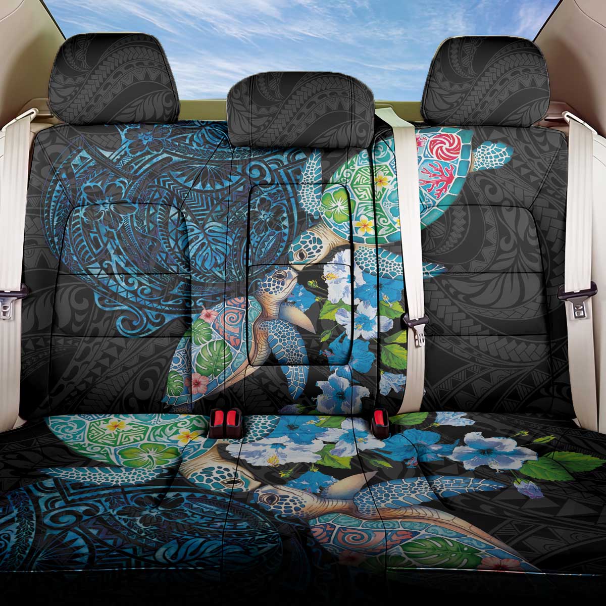 Hawaiian Couple Turtles Honi Back Car Seat Cover Polynesian Art Motifs and Hibiscus Black Blue Color - Polynesian Pride