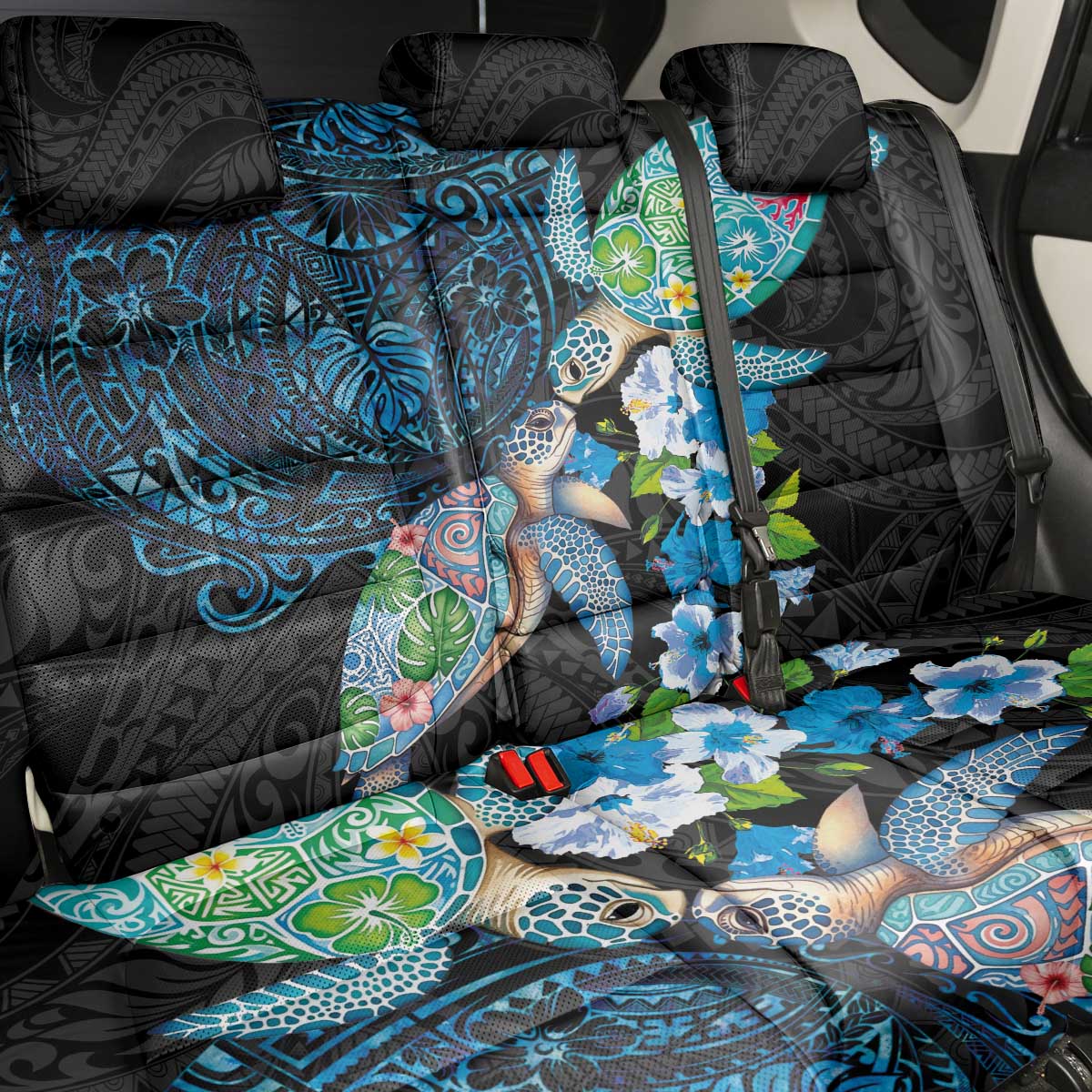 Hawaiian Couple Turtles Honi Back Car Seat Cover Polynesian Art Motifs and Hibiscus Black Blue Color - Polynesian Pride