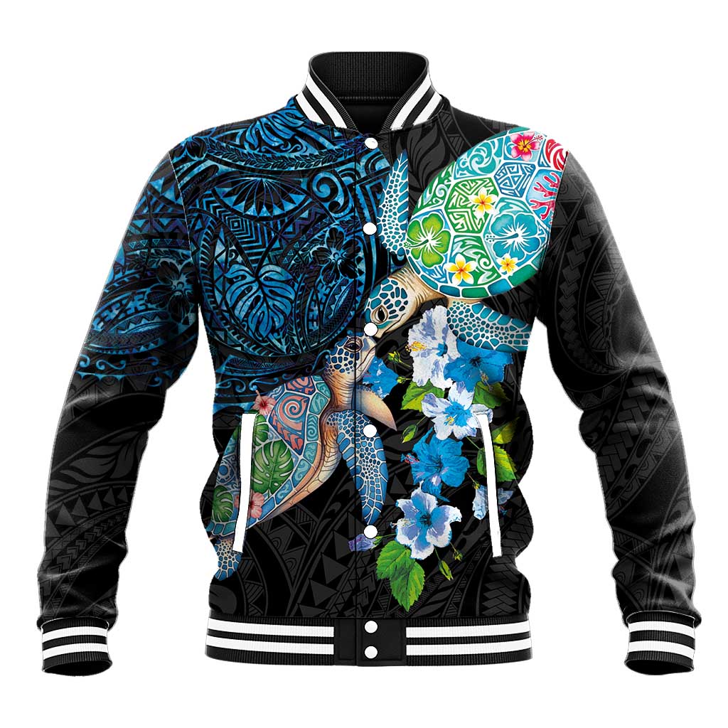 Hawaiian Couple Turtles Honi Baseball Jacket Polynesian Art Motifs and Hibiscus Black Blue Color - Polynesian Pride