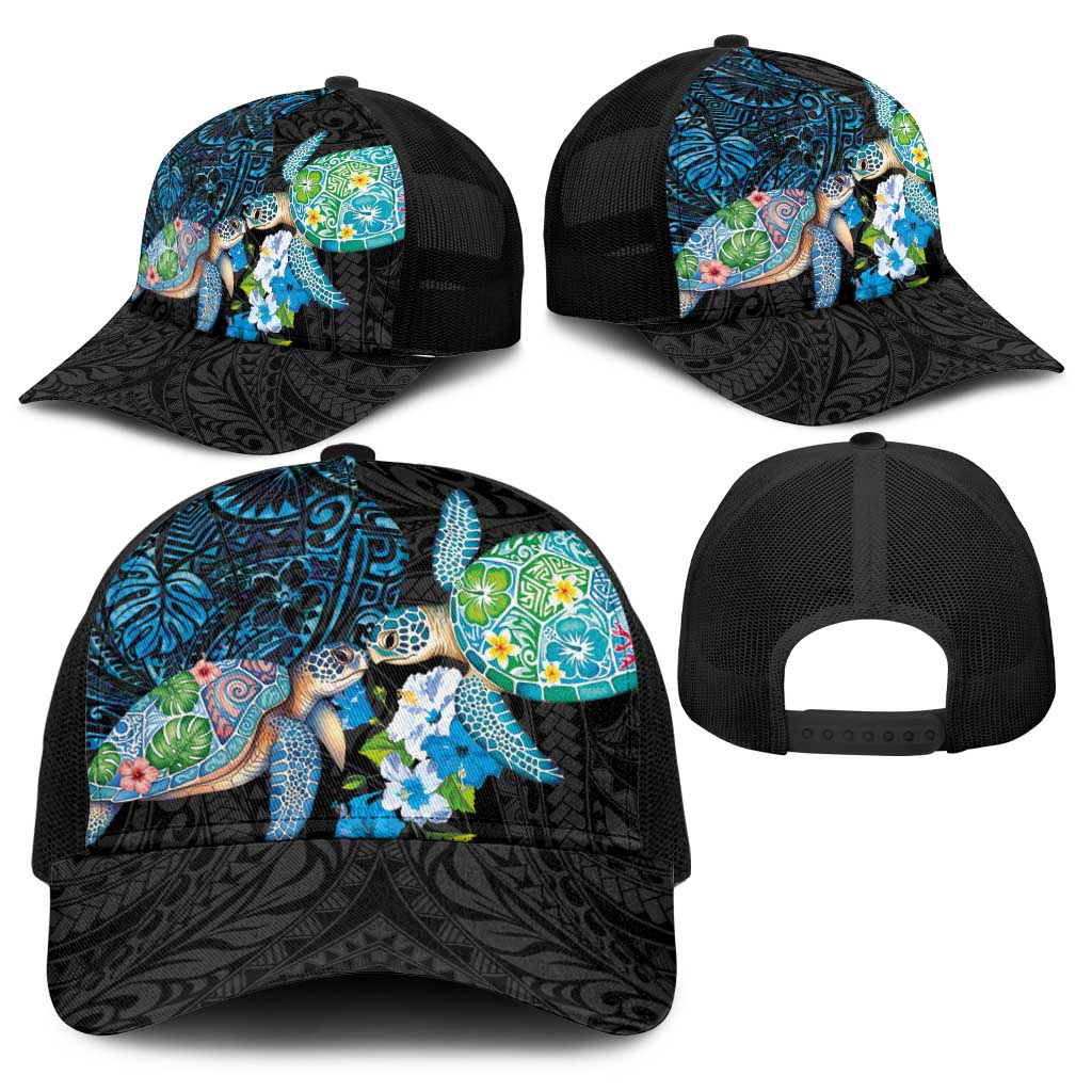 Hawaiian Couple Turtles Honi Baseball Net Cap Polynesian Art Motifs and Hibiscus Black Blue Color - Polynesian Pride