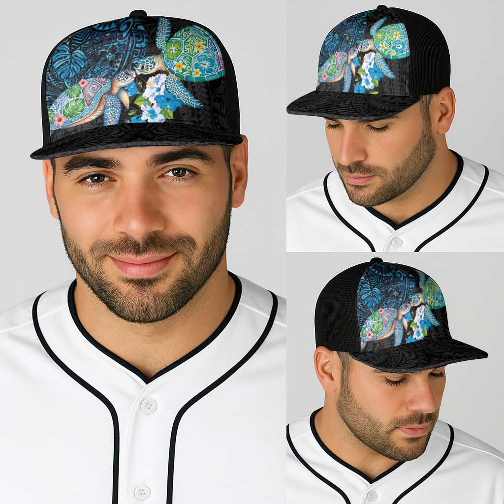 Hawaiian Couple Turtles Honi Baseball Net Cap Polynesian Art Motifs and Hibiscus Black Blue Color - Polynesian Pride