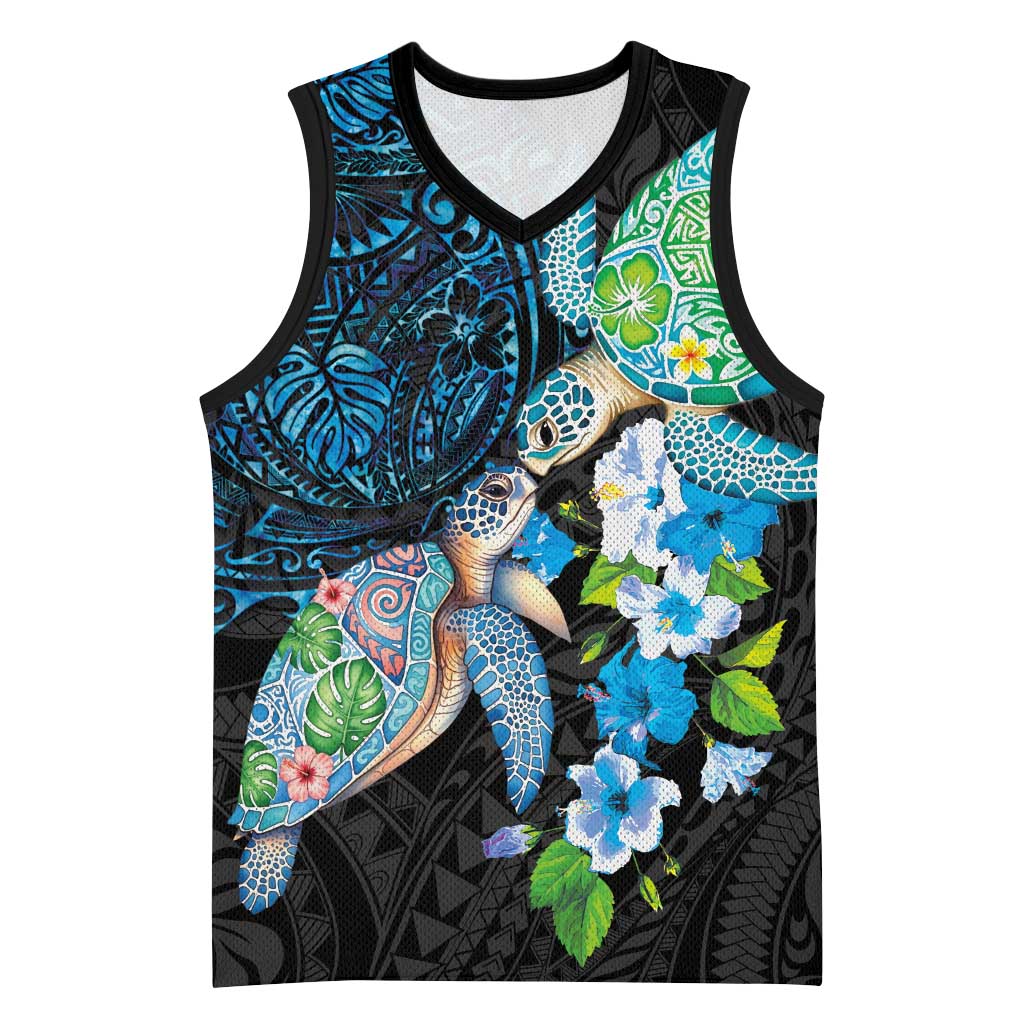 Hawaiian Couple Turtles Honi Basketball Jersey Polynesian Art Motifs and Hibiscus Black Blue Color - Polynesian Pride
