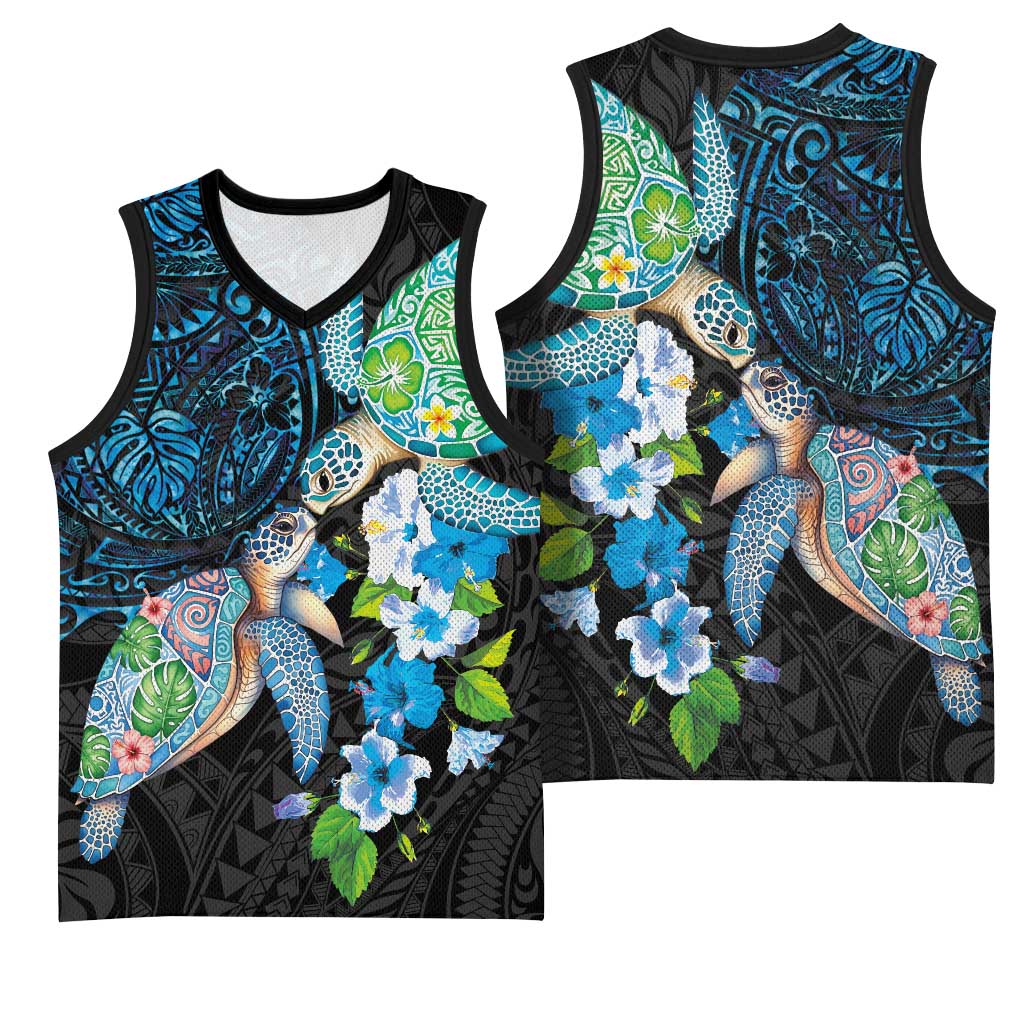 Hawaiian Couple Turtles Honi Basketball Jersey Polynesian Art Motifs and Hibiscus Black Blue Color - Polynesian Pride