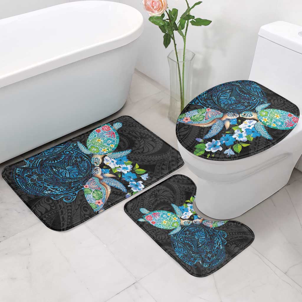 Hawaiian Couple Turtles Honi Bathroom Set Polynesian Art Motifs and Hibiscus Black Blue Color - Polynesian Pride