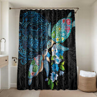 Hawaiian Couple Turtles Honi Bathroom Set Polynesian Art Motifs and Hibiscus Black Blue Color - Polynesian Pride