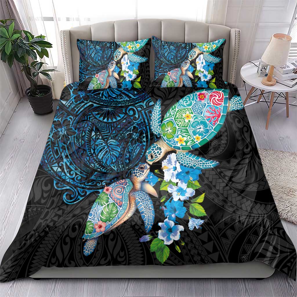 Hawaiian Couple Turtles Honi Bedding Set Polynesian Art Motifs and Hibiscus Black Blue Color - Polynesian Pride