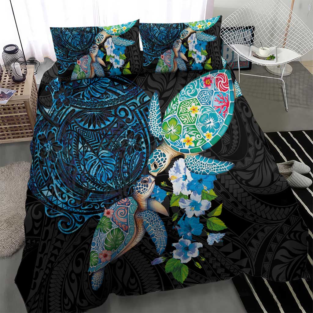 Hawaiian Couple Turtles Honi Bedding Set Polynesian Art Motifs and Hibiscus Black Blue Color - Polynesian Pride