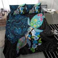 Hawaiian Couple Turtles Honi Bedding Set Polynesian Art Motifs and Hibiscus Black Blue Color - Polynesian Pride