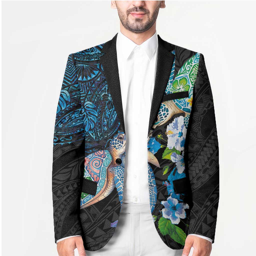 Hawaiian Couple Turtles Honi Blazer Polynesian Art Motifs and Hibiscus Black Blue Color - Polynesian Pride