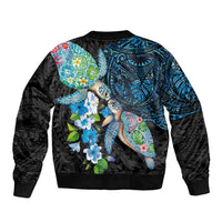 Hawaiian Couple Turtles Honi Bomber Jacket Polynesian Art Motifs and Hibiscus Black Blue Color - Polynesian Pride
