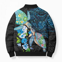 Hawaiian Couple Turtles Honi Bomber Puffer Jacket Polynesian Art Motifs and Hibiscus Black Blue Color - Polynesian Pride
