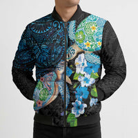 Hawaiian Couple Turtles Honi Bomber Puffer Jacket Polynesian Art Motifs and Hibiscus Black Blue Color - Polynesian Pride