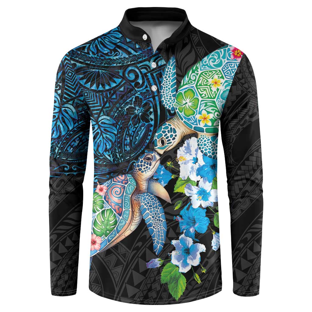 Hawaiian Couple Turtles Honi Button Sweatshirt Polynesian Art Motifs and Hibiscus Black Blue Color - Polynesian Pride