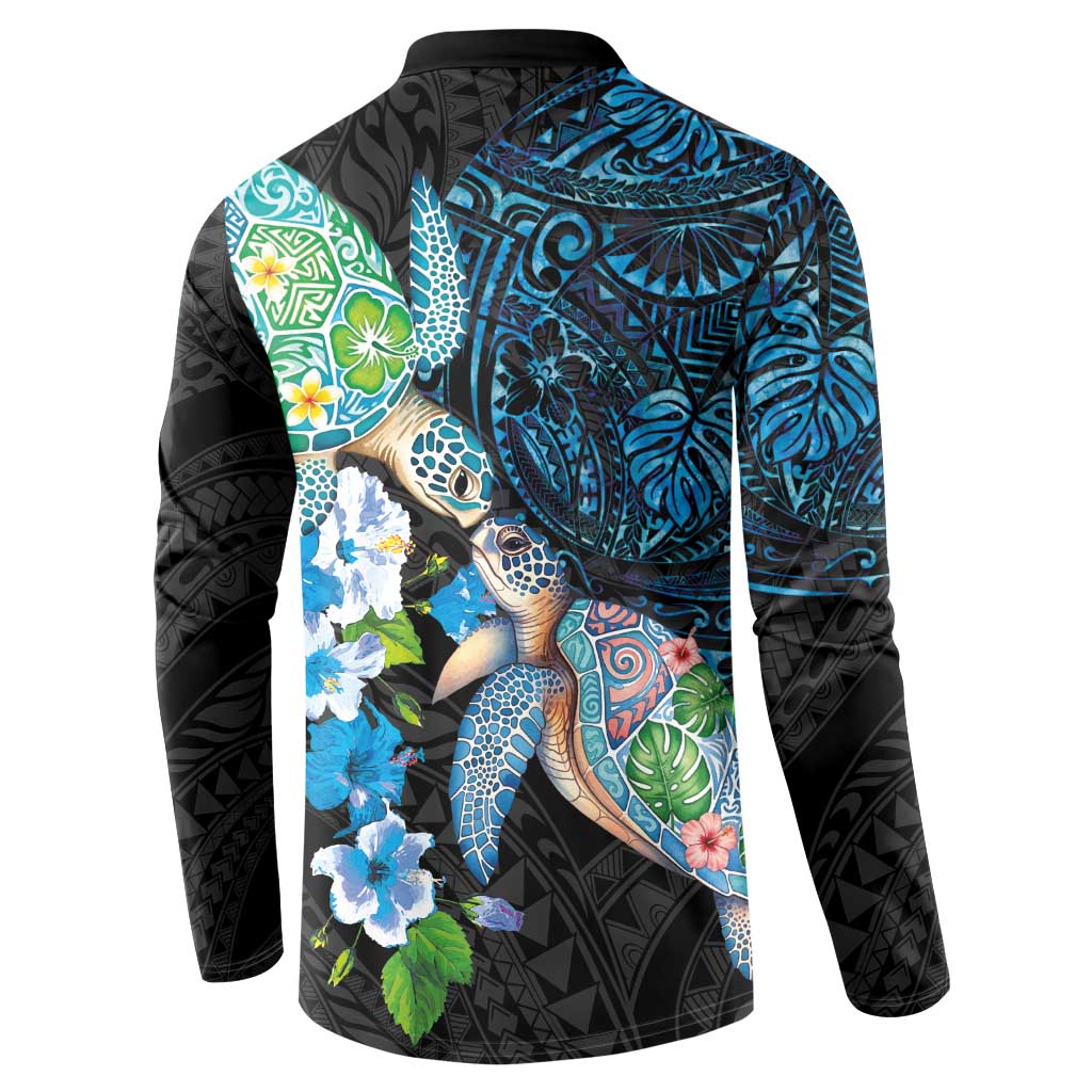 Hawaiian Couple Turtles Honi Button Sweatshirt Polynesian Art Motifs and Hibiscus Black Blue Color - Polynesian Pride