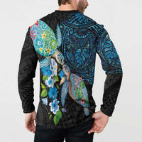 Hawaiian Couple Turtles Honi Button Sweatshirt Polynesian Art Motifs and Hibiscus Black Blue Color - Polynesian Pride
