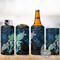 Hawaiian Couple Turtles Honi 4 in 1 Can Cooler Tumbler Polynesian Art Motifs and Hibiscus Black Blue Color - Polynesian Pride