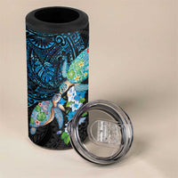 Hawaiian Couple Turtles Honi 4 in 1 Can Cooler Tumbler Polynesian Art Motifs and Hibiscus Black Blue Color - Polynesian Pride