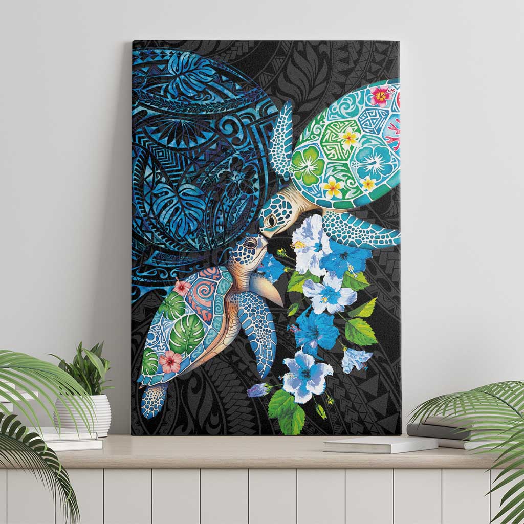 Hawaiian Couple Turtles Honi Canvas Wall Art Polynesian Art Motifs and Hibiscus Black Blue Color - Polynesian Pride