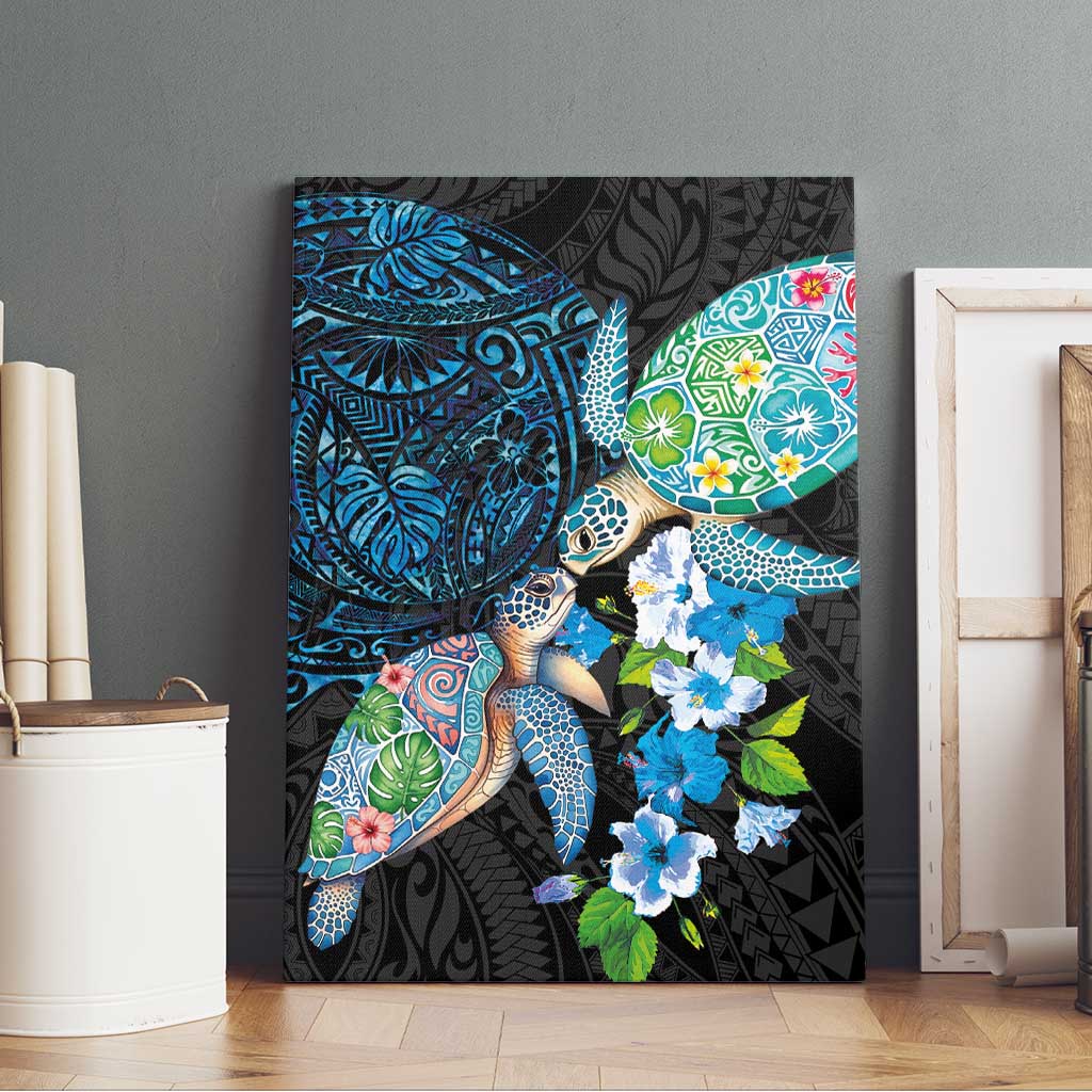 Hawaiian Couple Turtles Honi Canvas Wall Art Polynesian Art Motifs and Hibiscus Black Blue Color - Polynesian Pride