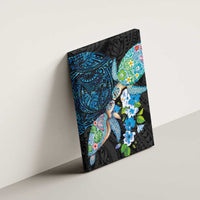 Hawaiian Couple Turtles Honi Canvas Wall Art Polynesian Art Motifs and Hibiscus Black Blue Color - Polynesian Pride