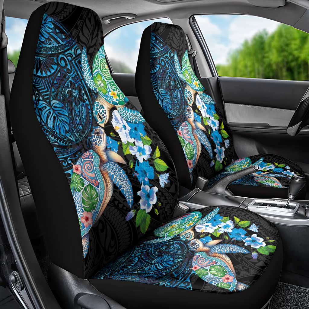 Hawaiian Couple Turtles Honi Car Seat Cover Polynesian Art Motifs and Hibiscus Black Blue Color - Polynesian Pride