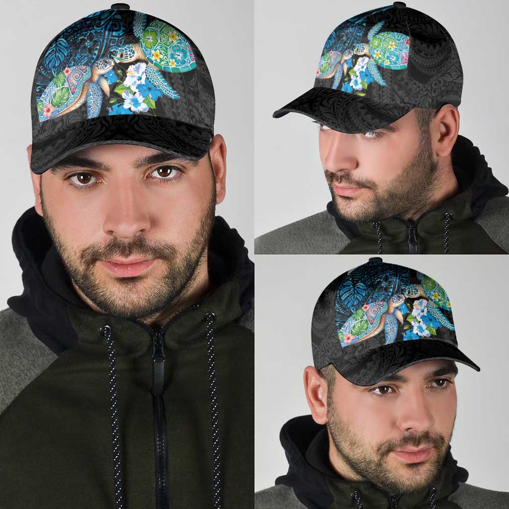 Hawaiian Couple Turtles Honi Classic Cap Polynesian Art Motifs and Hibiscus Black Blue Color - Polynesian Pride