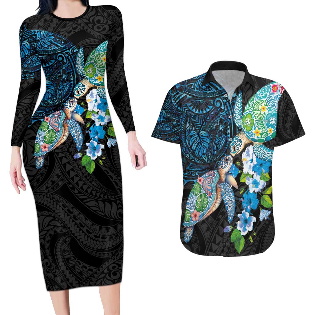 Hawaiian Couple Turtles Honi Couples Matching Long Sleeve Bodycon Dress and Hawaiian Shirt Polynesian Art Motifs and Hibiscus Black Blue Color - Polynesian Pride