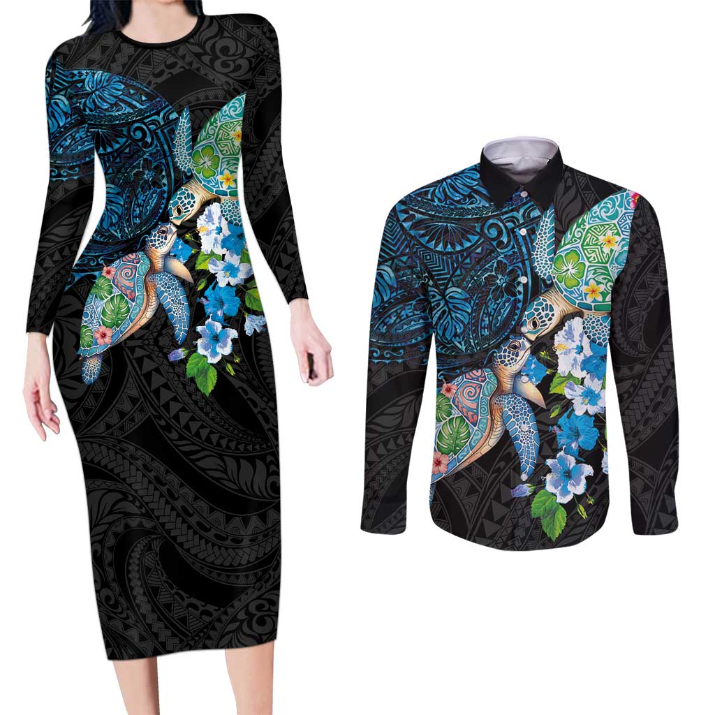 Hawaiian Couple Turtles Honi Couples Matching Long Sleeve Bodycon Dress and Long Sleeve Button Shirt Polynesian Art Motifs and Hibiscus Black Blue Color - Polynesian Pride