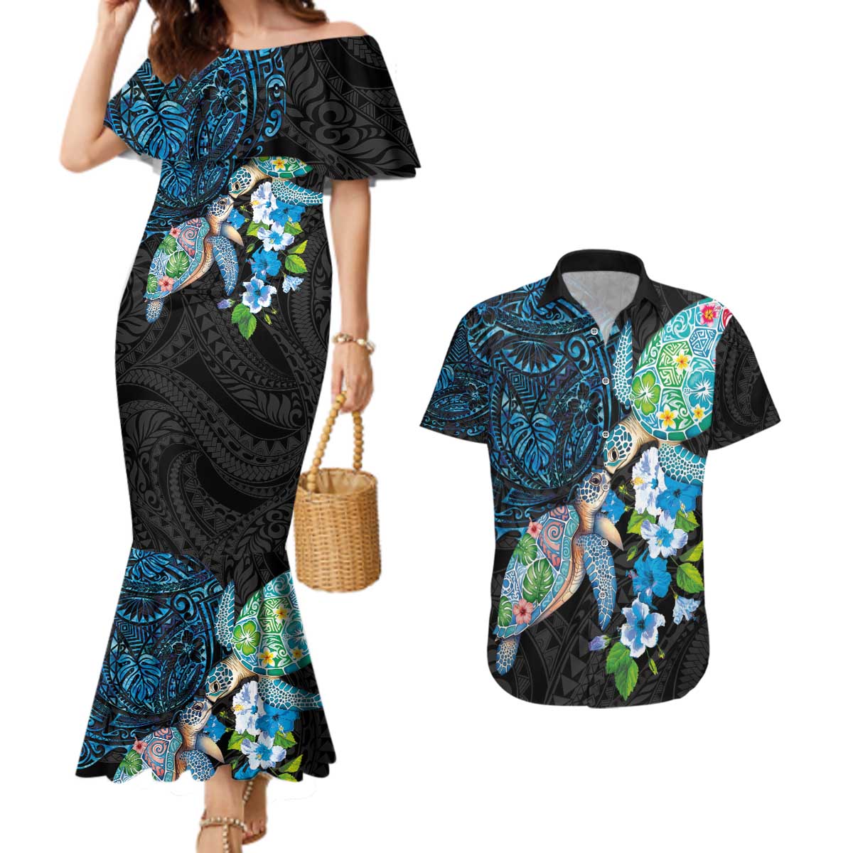 Hawaiian Couple Turtles Honi Couples Matching Mermaid Dress and Hawaiian Shirt Polynesian Art Motifs and Hibiscus Black Blue Color - Polynesian Pride