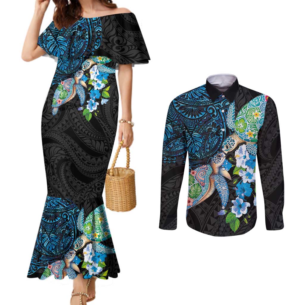Hawaiian Couple Turtles Honi Couples Matching Mermaid Dress and Long Sleeve Button Shirt Polynesian Art Motifs and Hibiscus Black Blue Color - Polynesian Pride