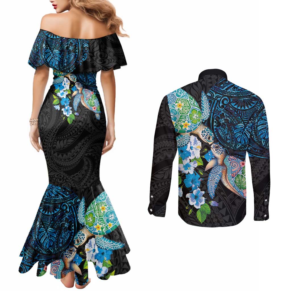 Hawaiian Couple Turtles Honi Couples Matching Mermaid Dress and Long Sleeve Button Shirt Polynesian Art Motifs and Hibiscus Black Blue Color - Polynesian Pride