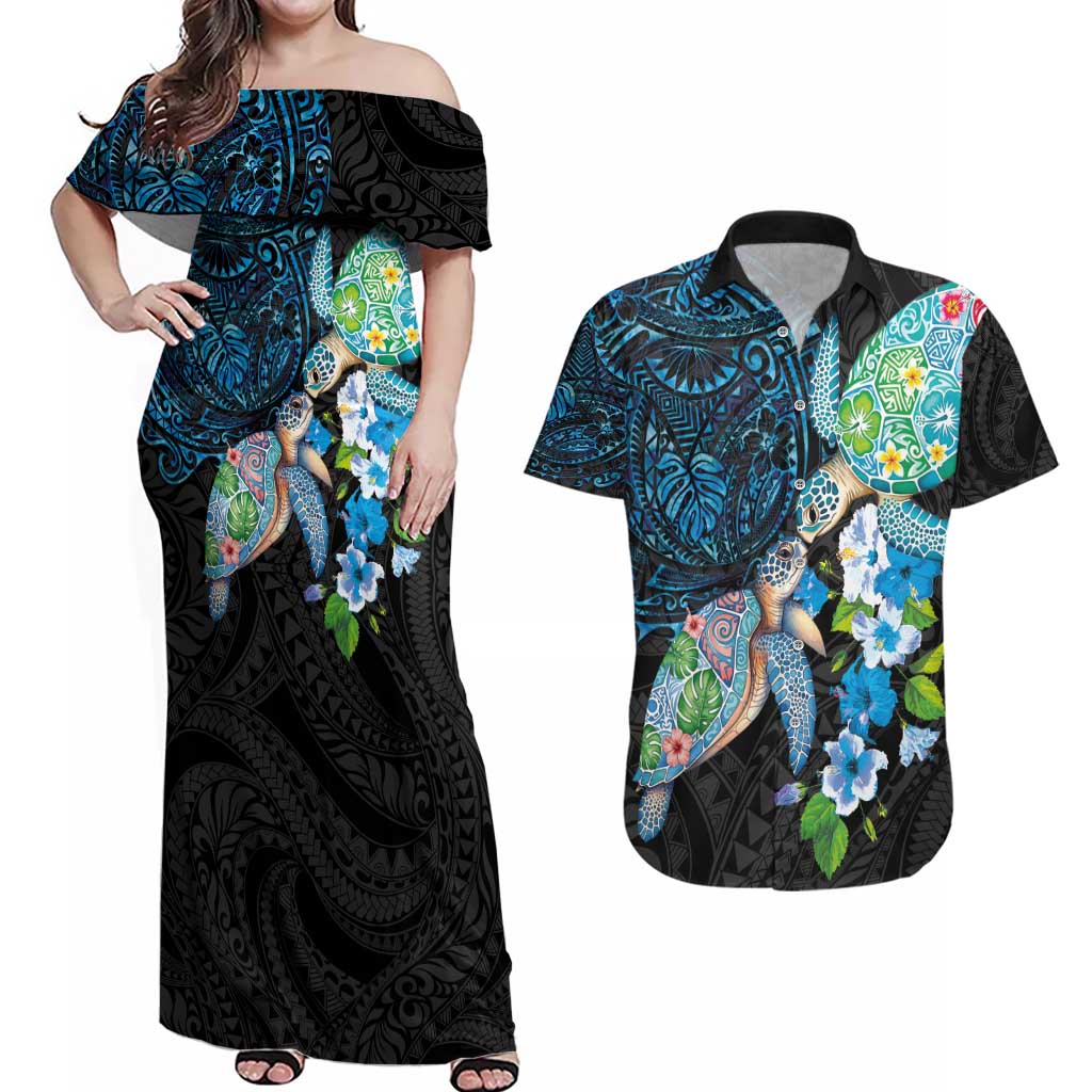 Hawaiian Couple Turtles Honi Couples Matching Off Shoulder Maxi Dress and Hawaiian Shirt Polynesian Art Motifs and Hibiscus Black Blue Color - Polynesian Pride